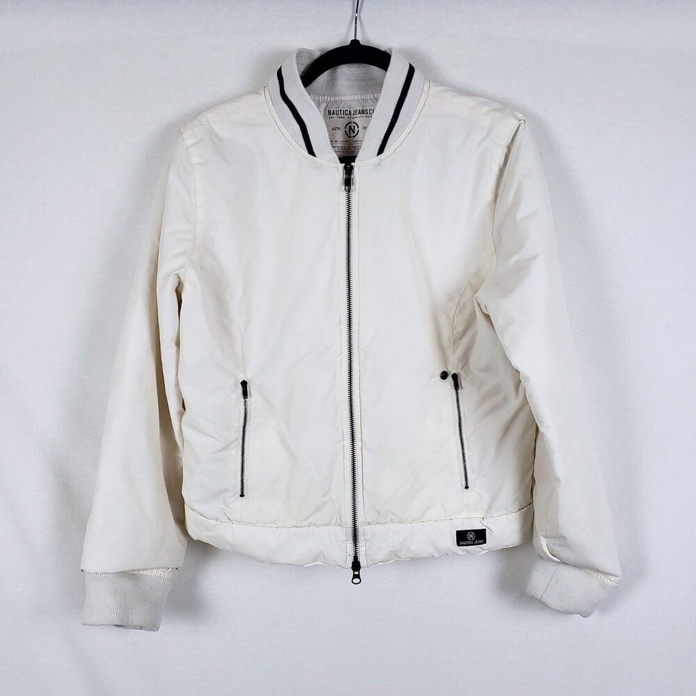 Nautica White Bomber Jacket Womens XL Sporty Preppy Zip Pockets